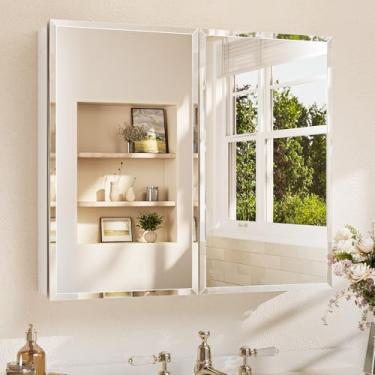 Imagem de TETOTE Espelho de banheiro 76 x 66 com armazenamento com espelho chanfrado temperado armário de remédios prata armário de remédios dobradiças DTC, prateleiras ajustáveis contínuas, embutidas/montadas