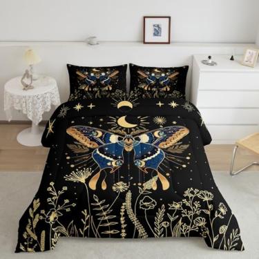 Imagem de Erosebridal Jogo de cama solteiro, borboleta, botânico, para adultos, mulheres, homens, 2 peças, preto, céu estrelado, boêmio, exótico, lua, estrela, conjunto de edredom macio e aconchegante
