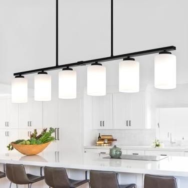 Imagem de Luminárias de ilha de cozinha de 114 cm, luminária moderna para sala de jantar de 6 luzes, luzes pendentes pretas com sombra de vidro de leite, lustre linear sobre iluminação de mesa de jantar com