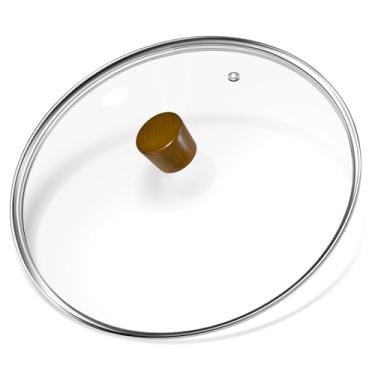 Imagem de Tampa de vidro temperado de 28 cm para panelas e frigideiras com puxador de madeira marrom escuro, capa de substituição redonda versátil CUKISIKUC para frigideiras de 28 cm, Wok - Seguro para