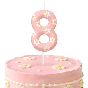 Imagem de Velas de aniversário rosa número 8, enfeite de bolo com tema de margarida para meninos e meninas, decorações de aniversário, suprimentos de festa, velas numéricas para decoração de festa