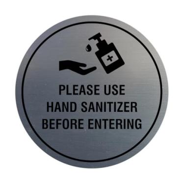 Imagem de Circle Please Use Desinfetante para as Mãos Antes de Entrar Placa (Prata Escovada) - Pequeno