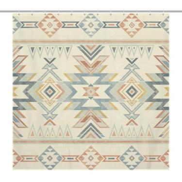 Imagem de Yoakiet Cortina de chuveiro asteca ocidental, estampa geométrica vintage boho abstrata para banheiro, decoração de casa, conjunto com 12 ganchos de plástico 66 x 72 polegadas (168 x 183 cm)