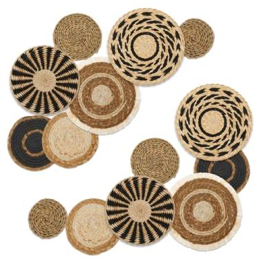 Imagem de Conjunto de 14 peças de decoração de cesta de parede boho, cesta redonda feita à mão, cesta de tecido rústico, decoração de arte de parede, cesta feita à mão, 5 tamanhos para quarto, sala de estar