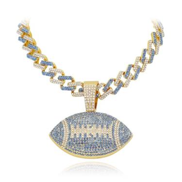 Imagem de Colar com pingente de futebol americano Ice Out em dois tons – Corrente de elos cubanos para homens e mulheres, joia esportiva hip hop, Aço inoxidável, Zircônia cúbica