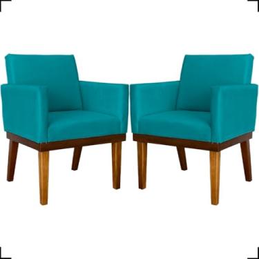 Imagem de Kit 2 Poltronas Decorativa Para Sala Recepção Manicure Consultório Salão de Beleza Base em Madeira Divine Tecido Suede (Azul Turquesa)