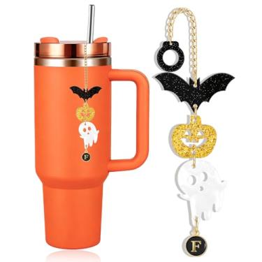 Imagem de QILMILY Acessórios de corrente de letras fantasma de morcego abóbora para Stanley Cup, topo de palha Stanley de Halloween, acessórios personalizados Stanley (F)