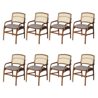 Imagem de Conjunto 8 Cadeiras De Jantar Florença Em Madeira Jequitibá Terra Braço Encosto Palha Linho Cinza