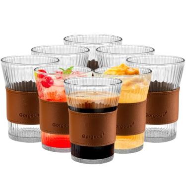 Imagem de Pddgllut Conjunto de 8 xícaras de café expresso de vidro de 227 g com couro, canecas de café de vidro transparente com listras verticais, xícaras de chá para bebidas quentes/frias, conjunto de copos