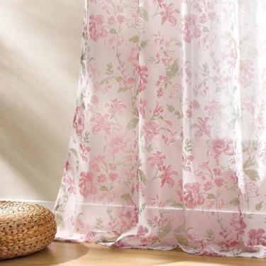 Imagem de Cortinas transparentes florais rosa 182 cm de comprimento, 2 painéis para quarto, tema de jardim moderno, cortinas de flores românticas francesas para quarto de meninas, bolso de haste, filtro de luz