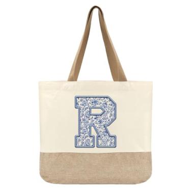 Imagem de Jeteman Sacola de lona inicial, bolsas femininas personalizadas com monograma, presente de aniversário de lua de mel para damas de honra, R, Large