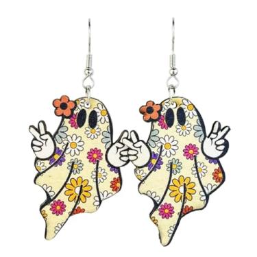 Imagem de Brincos com pingente de madeira de fantasma de abóbora de Halloween fofo de fantasma de desenho animado para mulheres, festas festivas, cosplay, bijuterias, presentes, Large, Metal, Sem pedra preciosa