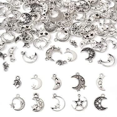 Imagem de Spritewelry 100 peças de pingentes de estrela de lua prata antiga 10 estilos estilo tibetano liga ocas celestiais contas para brincos faça você mesmo, colar, pulseira, joias, artesanato, 100 peças