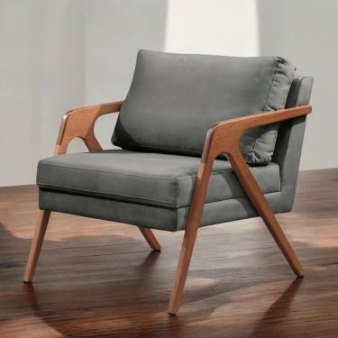 Imagem de Poltrona Mona Linho Cinza Sofisticado Sala Pé Madeira Maciça