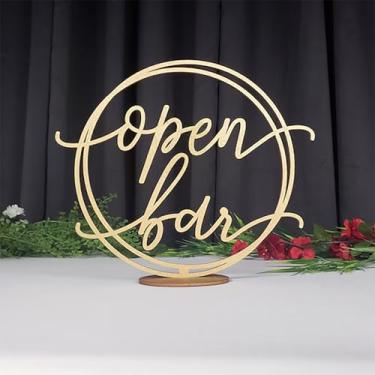 Imagem de Placa de mesa de bar aberto de madeira com suporte, decoração de bar centro de mesa para casamentos, chá de panela, celebração artística, presente (13,5 × 15,190 cm)