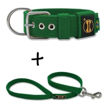 Imagem de Coleira Cachorro Grande Pit Bull + Guia 80cm Verde (Reforçada / Super Resistente)