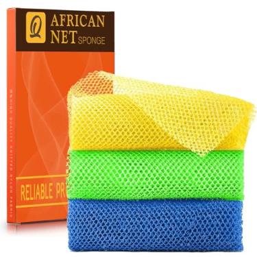 Imagem de 3 Pieces African exfoliating net African Net Long Net Bath Sponge Exfoliating Shower Body Scrubber Back Scrubber Skin Smoother,Great for Daily Use (Yellow, Green, Blue)