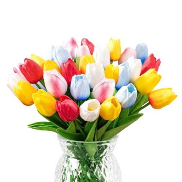 Imagem de U'Artlines 30 peças de tulipas falsas flores artificiais com hastes buquê de tulipas falsas flor de toque real para casamento, casa, cozinha, primavera, Páscoa, dia das mães, decoração de arranjo