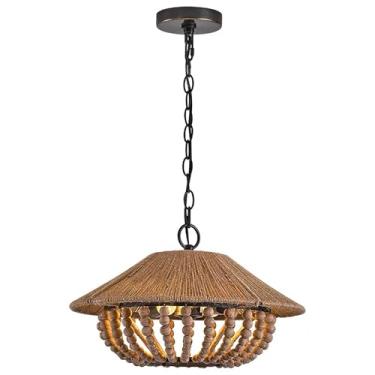 Imagem de Luminária de lustre trançado de corda de cânhamo de 17,7 polegadas para cozinha estilo ilha luz pendente com cúpula de vime design de vime