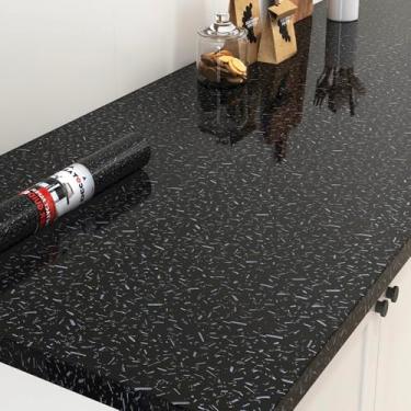 Imagem de Decotalk Papel de contato de granito preto 76.2 cm x 304.8 cm para bancadas à prova d'água - Papel de contato de bancada de granito preto descasque e cole bancadas de mármore envoltório de vinil de