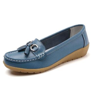 Imagem de mitvr Mocassim Feminino Plataforma De Couro Legítimo, Clássico, Casual, Confortável, Sem Cadarço, Sola Macia, Azul Claro, Eu44=10,5 M Eua