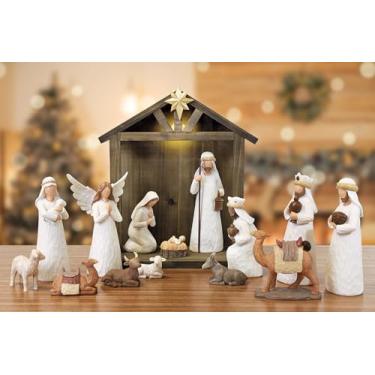 Imagem de Fovths Conjunto de presépio de Natal com 16 peças de LED clássico, estatueta de manjedoura de madeira, estábulo, decoração de resina, estatuetas religiosas de família de 17 cm para centros de mesa de
