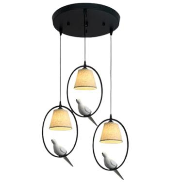 Imagem de Luminárias pendentes rústicas de fazenda, preto, dourado, 3 luzes, iluminação pendente com abajur de tecido, decoração de pássaros, lustre vintage de meados do século para mesa de jantar, il