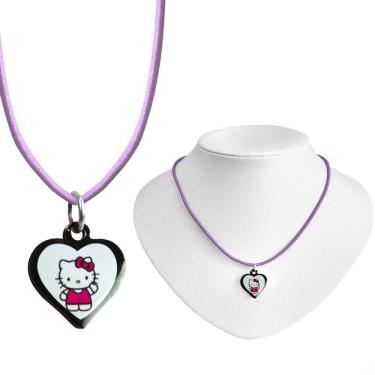 Imagem de Colar Infantil Menina + Pingente Hello Kitty Premium Preto Rosa Ajustavel Presente Moda Pink Criança