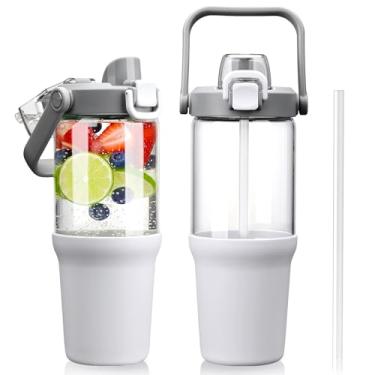 Imagem de HYDRAGLAZIC Copo de vidro com alça de transporte, garrafa de água de vidro transparente com tampa à prova de vazamento, tampa de bico e canudo, sem BPA, 946 ml, branco