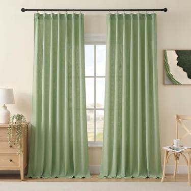 Imagem de Cortinas plissadas de linho verde sálvia 213 cm de comprimento, 2 painéis para sala de estar, quarto, ganchos de linho texturizados, argolas para abas traseiras, elegantes e luxuosas, cortinas de 203