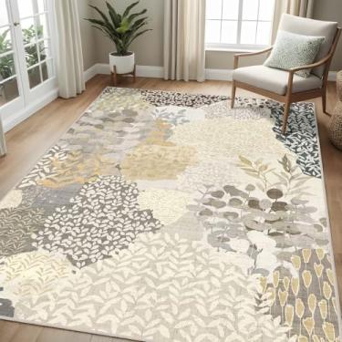 Imagem de DEXDE Tapete lavável 7 x 12 cm para sala de estar, tapetes boêmios pequenos abstratos antiderrapantes macios para quarto de crianças, tapete floral de folhas vintage para quarto, entrada, cozinha