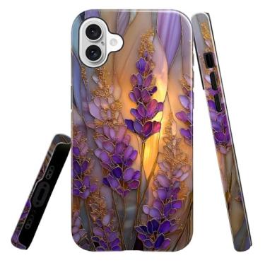 Imagem de heindiy Compatível com iPhone 16 Plus, capa brilhante, proteção total, à prova de choque, anti-arranhões, capa de TPU, capas para homem e mulher - vitral lavanda em flor