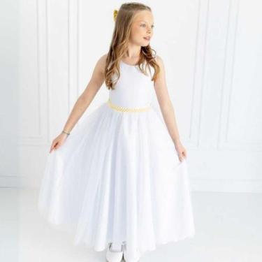 Imagem de Vestido Infantil Longo Branco com Tule e Cinto Amarelo Daminha Casamen