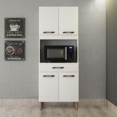 Imagem de Armário De Cozinha Multiuso 4 Portas Com Espaço Micro-ondas Branco Acetinado