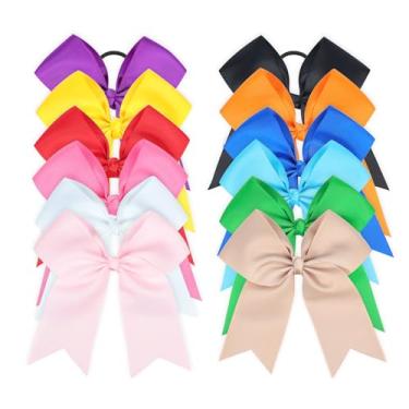 Imagem de 12 peças de laços de torcida para meninas – suportes de rabo de cavalo com fita de gorgorão de 12 cm, acessórios de cabelo feitos à mão para líderes de torcida para adolescentes e equipes esportivas