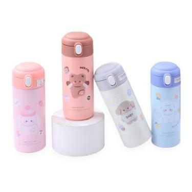 Imagem de Garrafa Infantil Térmica Escolar de Inox para Criança Bebe Com Canudo + Canetinha Infantil - (Azul)