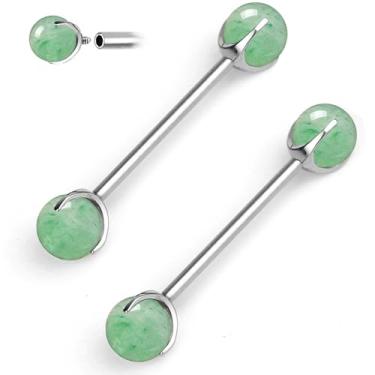 Imagem de TRBR Piercing de mamilo de aventurina verde titânio 14G, anéis de mamilo de pedra preciosa natural genuína G23 titânio para mulheres e homens, halteres prateados para mamilos, calibre 14 A par