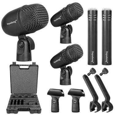 Imagem de Depusheng Kit de microfone de bateria com fio de 5 peças com microfone Kick Bass, microfone Tom/Snare e microfone de pratos para tocar e gravar bateristas