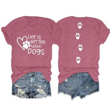 Imagem de Camiseta para mãe de cachorro: Camiseta feminina Life is Better with Dogs Funny Dog Paw Print Tee Dog Lover Animal Gift Tops, rosa, XG