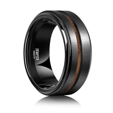 Imagem de JEWPER Anéis de tungstênio para homens e mulheres 8 mm preto moda compromisso aliança de casamento martelado sulco meteorito orbo carboneto chanfrado borda polida ajuste confortável, 9.5, Tungstênio