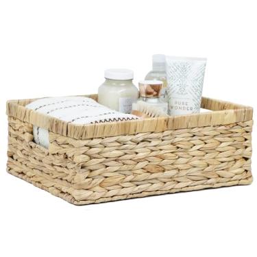 Imagem de Cestas de vime, cestas de jacinto de água para organização, cestas de tecido de vime para armazenamento, caixas organizadoras com alças embutidas, cestas de armazenamento para prateleiras (grande)