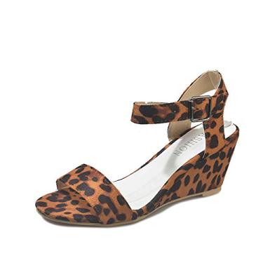 Imagem de Bigfanshu Sandálias femininas de salto alto anabela verão 2020 nova fivela boca de peixe plana tamanho grande 35-43 boêmio, Leopardo, 9.5