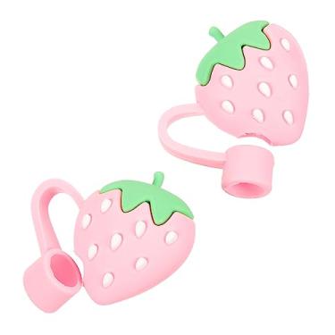 Imagem de 2 capas de canudo de silicone de morango, plugues fofos para canudos, tampas seguras e à prova de vazamento para festas e eventos