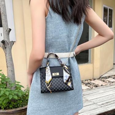 Imagem de Bolsa transversal com corrente e fecho magnético, carteira feminina, moderna, estampa retrô, bolsa de ombro nas axilas, alça de ombro removível, Preto, 14 cubic inches, Preto