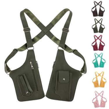 Imagem de Bolsa tiracolo ajustável com ombro duplo nas axilas para homens e mulheres - Carteira transversal de couro premium antirroubo com vários bolsos, Verde militar