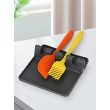 Imagem de Descanso de utensílios de silicone de cozinha - livre de BPA, descanso de colher durável com almofada de gotejamento - resistente ao calor para fogão e balcão - suporte de gadgets e utensílios, cinza