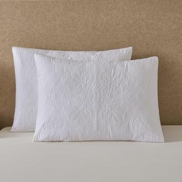 Imagem de YINFUNG Fronhas de travesseiro brancas acolchoadas medalhão damasco conjunto padrão de 2 fronhas vintage bordadas em relevo padrão de algodão texturizado branco brilhante