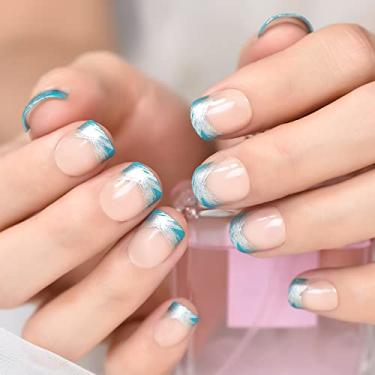 Imagem de Unhas curtas Squoval Press on Nails Nude Blue French Fake Nails Glossy Full Cover Kit de unhas postiças para mulheres - 24 peças/conjunto