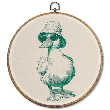 Imagem de Pugwak Decoração de parede redonda de pato engraçado, presentes de pato para mulheres, arte em tela emoldurada, casa de fazenda rústica, animais de fazenda, decoração para pendurar na parede, quarto