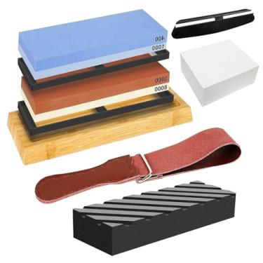 Imagem de Conjunto de pedras de afiar facas，afiador de facas de trigo duplo 400/1000 3000/8000，premium com carrinho de couro, pedra de alisamento, base de bambu, borracha antiderrapante e guia de ângulo.